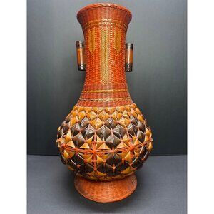 Vintage Japanese Style Woven Bamboo Ikebana Vase Bottle Orange Brown 14" Tall